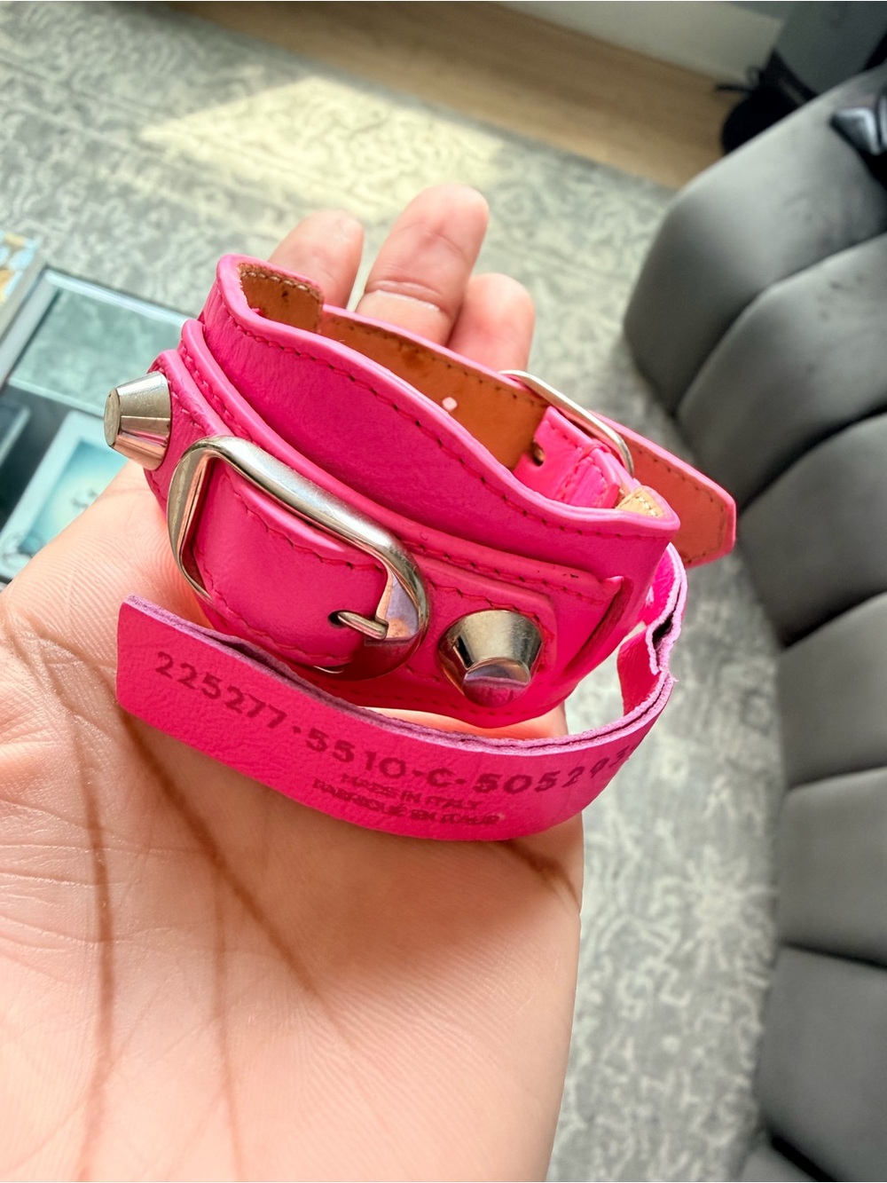 Balenciaga Hot Pink Studded Leather Bracelet with Silver Hardware